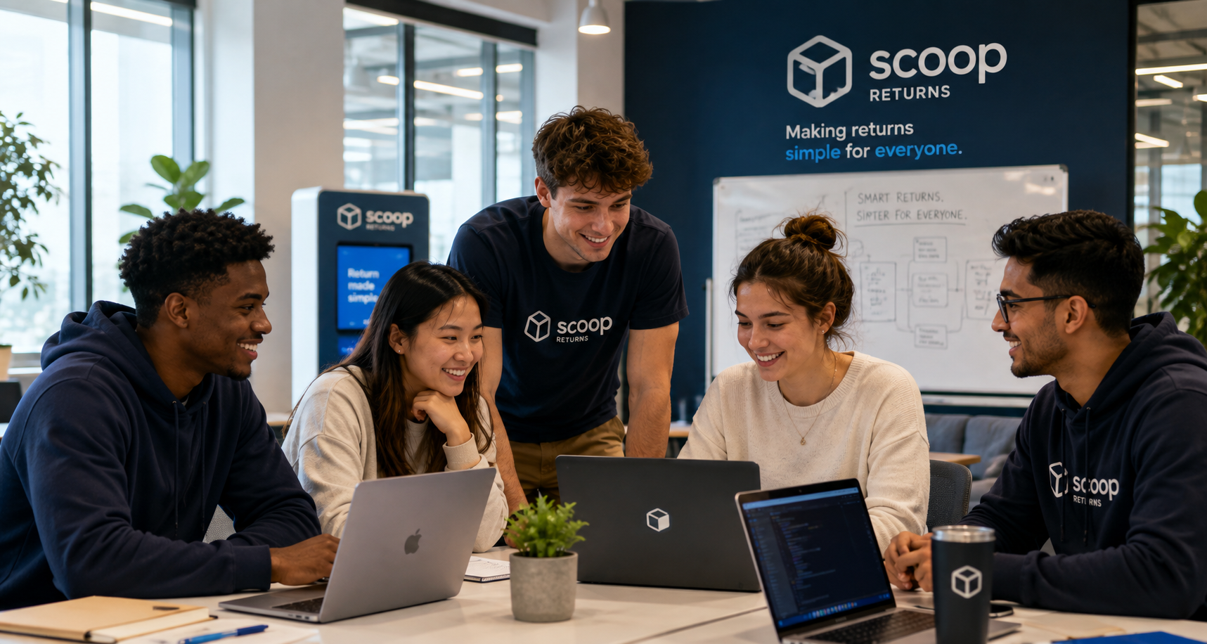 Scoop Returns team collaborating on smart return kiosks